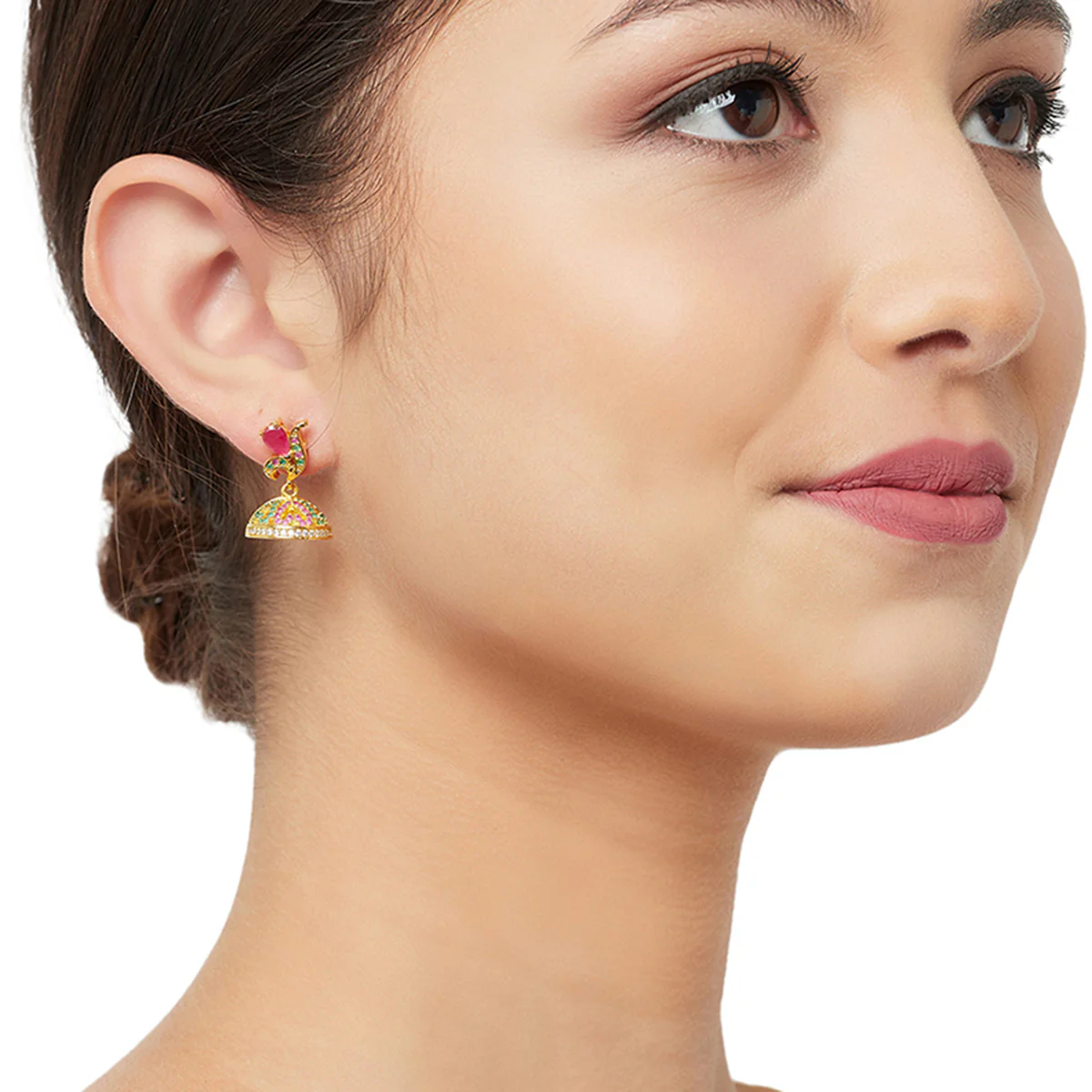 American Diamond CZ Traditional Gold Plated Red & Green Brass Jhumka Earrings for Women - Image 2
