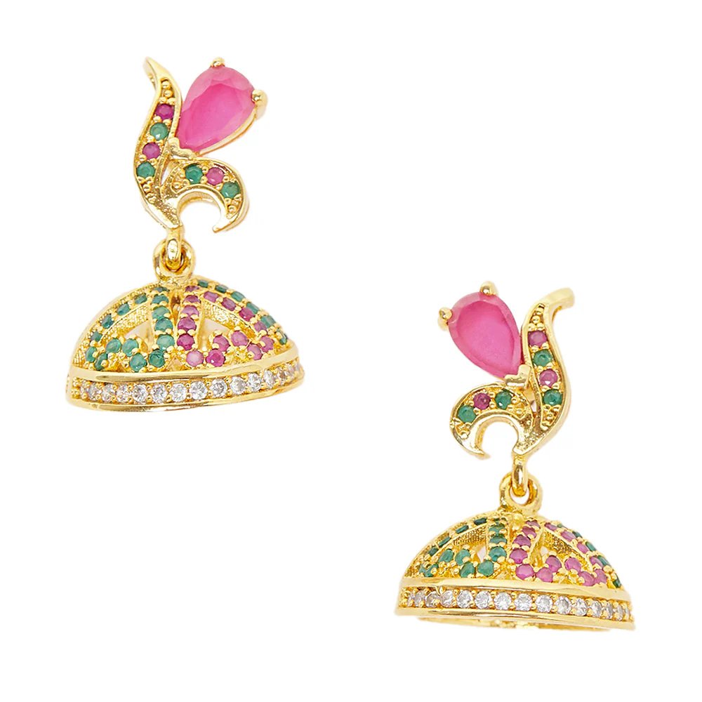 American Diamond CZ Traditional Gold Plated Red & Green Brass Jhumka Earrings for Women - Image 3