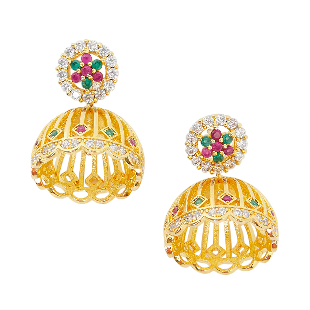American Diamond CZ Traditional Gold Plated Red & Green Brass Jhumka Earrings for Women - Image 3