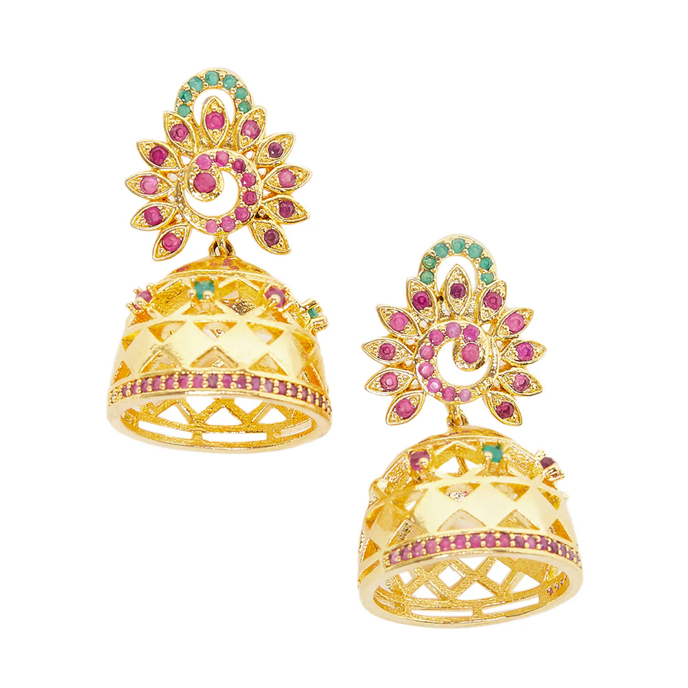 American Diamond CZ Traditional Gold Plated Red & Green Brass Jhumka Earrings for Women - Image 3