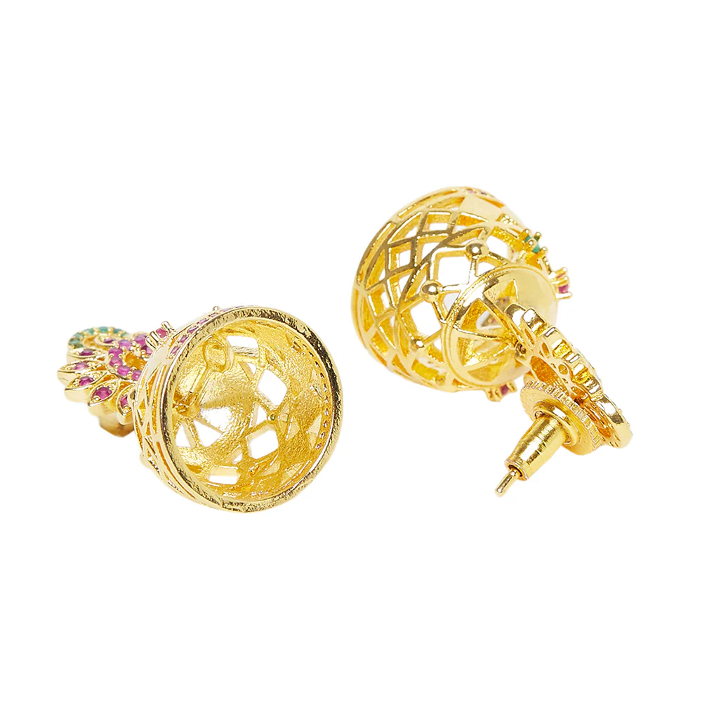 American Diamond CZ Traditional Gold Plated Red & Green Brass Jhumka Earrings for Women - Image 4