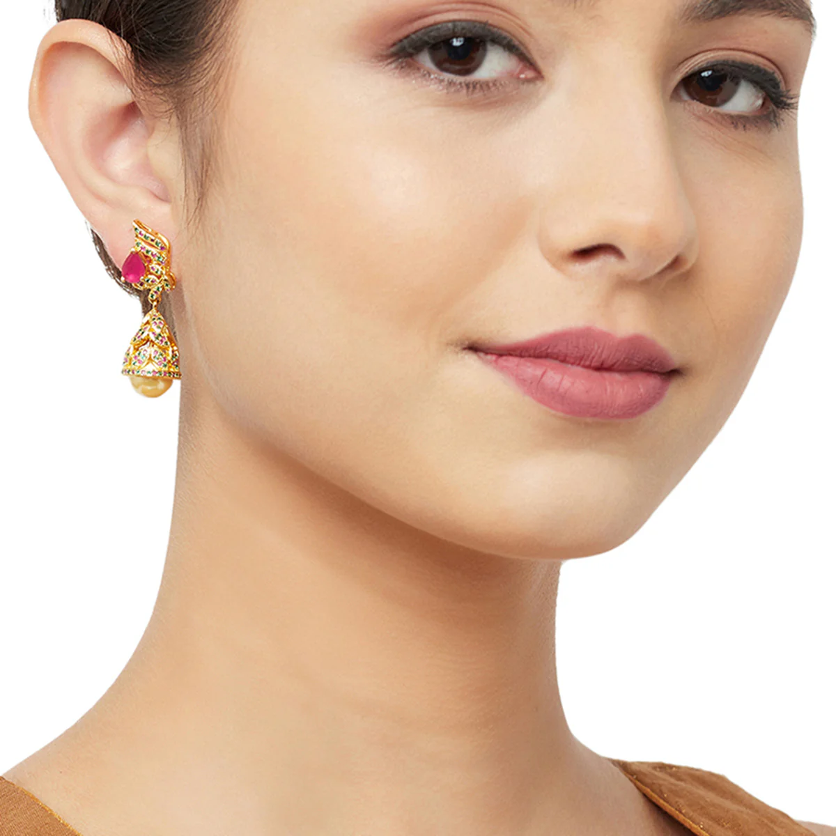 CZ Traditional Gold Plated Red & Green Jhumka Earrings - Image 2
