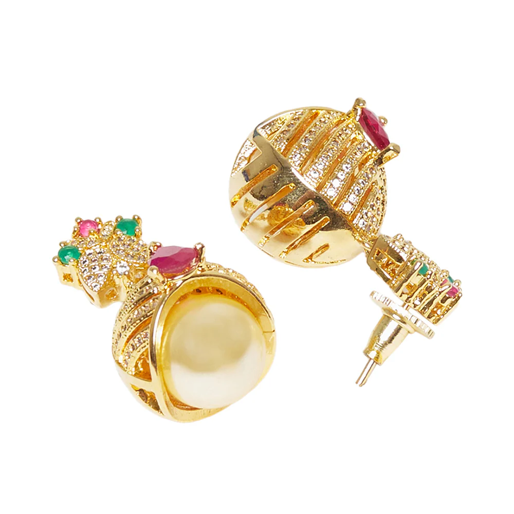 CZ Traditional Gold Plated Red & Green Jhumka Earrings - Image 4