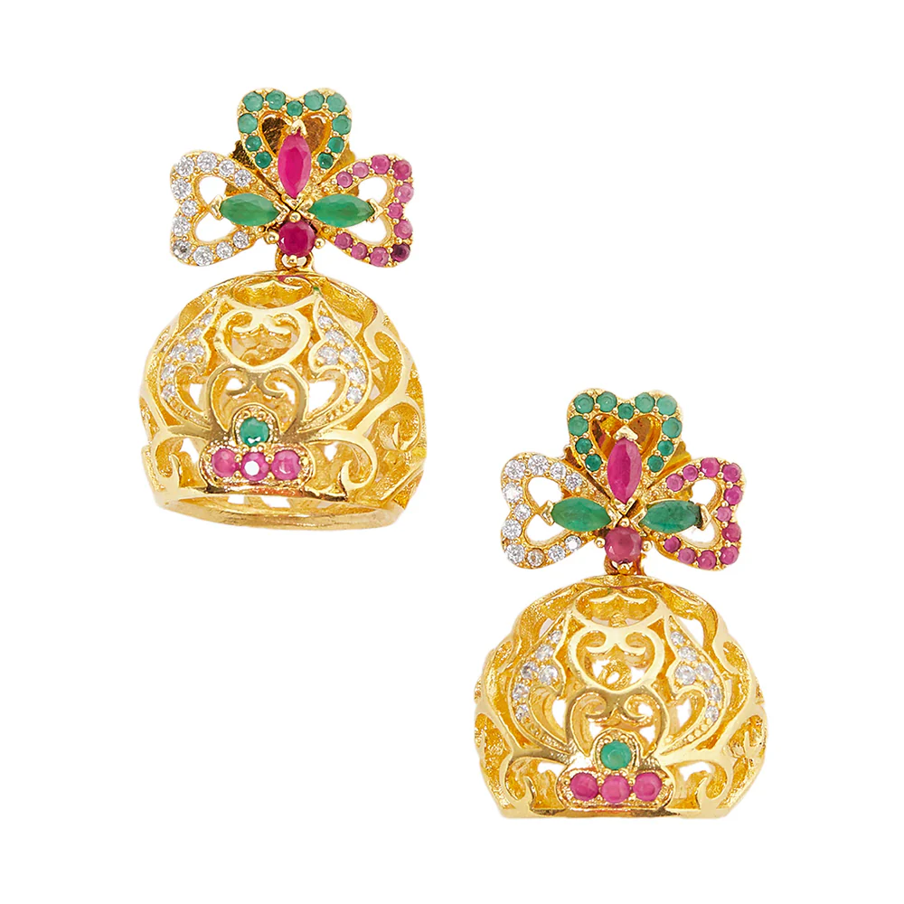 American Diamond CZ Traditional Gold Plated Red & Green Brass Jhumka Earrings for Women - Image 3