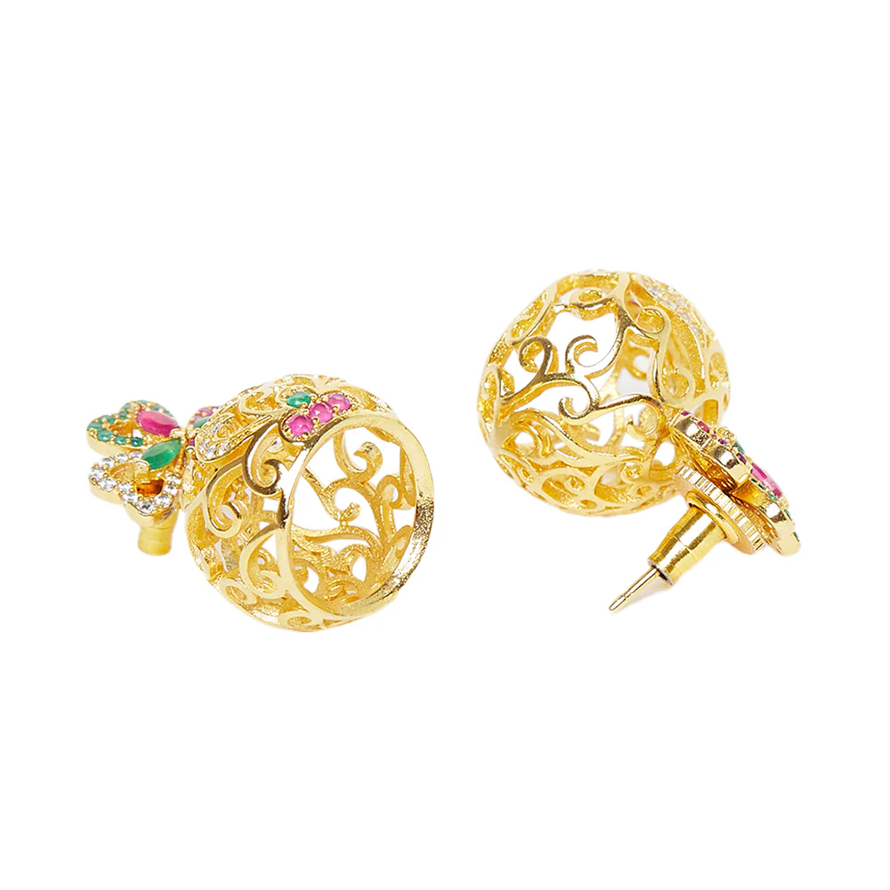 American Diamond CZ Traditional Gold Plated Red & Green Brass Jhumka Earrings for Women - Image 4
