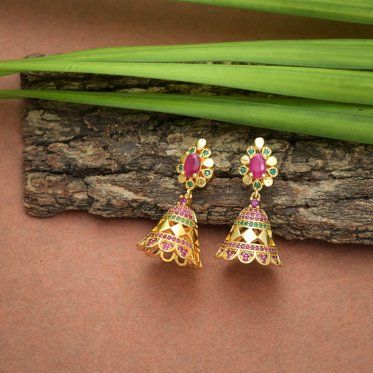 CZ Traditional Gold Plated Red & Green Jhumka Earrings
