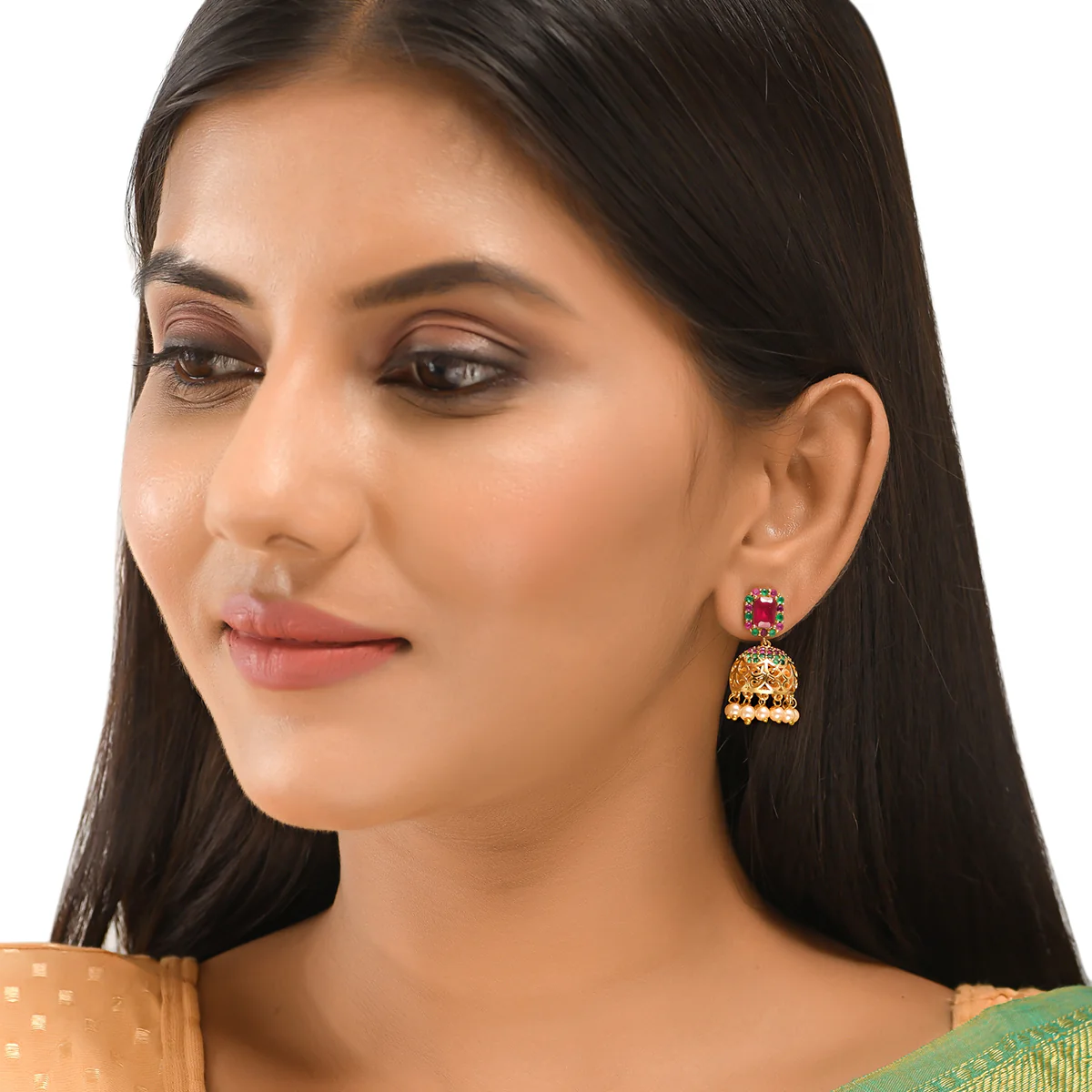CZ Traditional Gold Plated Red & Green Jhumka Earrings - Image 2