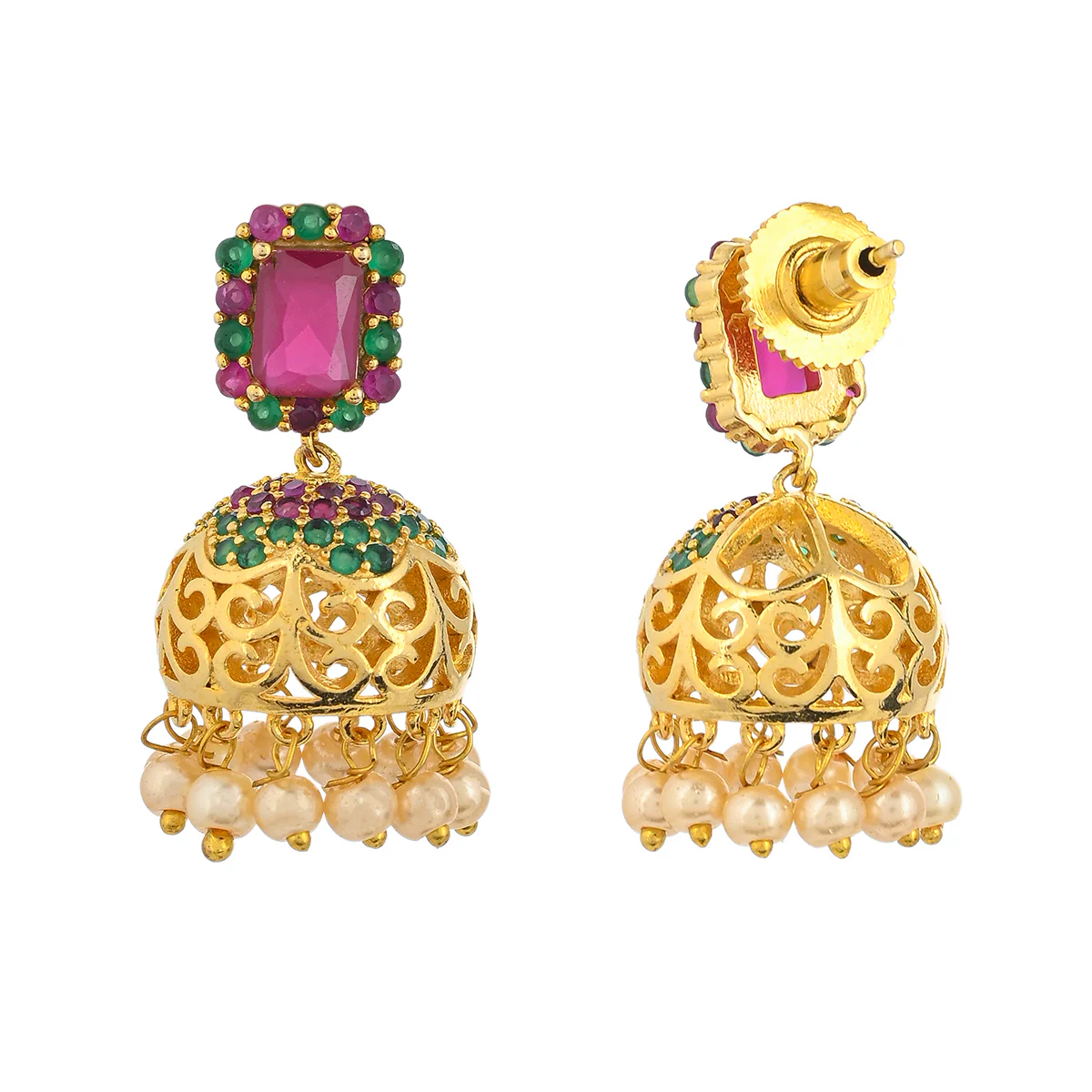 CZ Traditional Gold Plated Red & Green Jhumka Earrings - Image 5