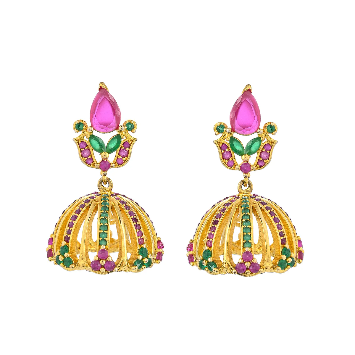 CZ Traditional Gold Plated Red & Green Jhumka Earrings - Image 3