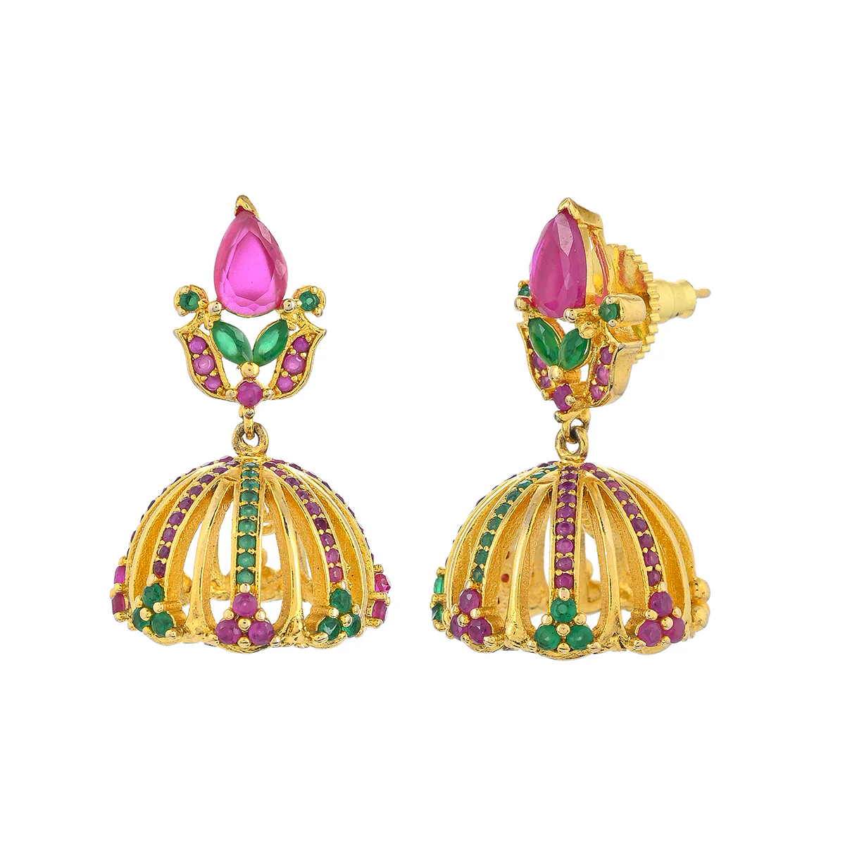 CZ Traditional Gold Plated Red & Green Jhumka Earrings - Image 4