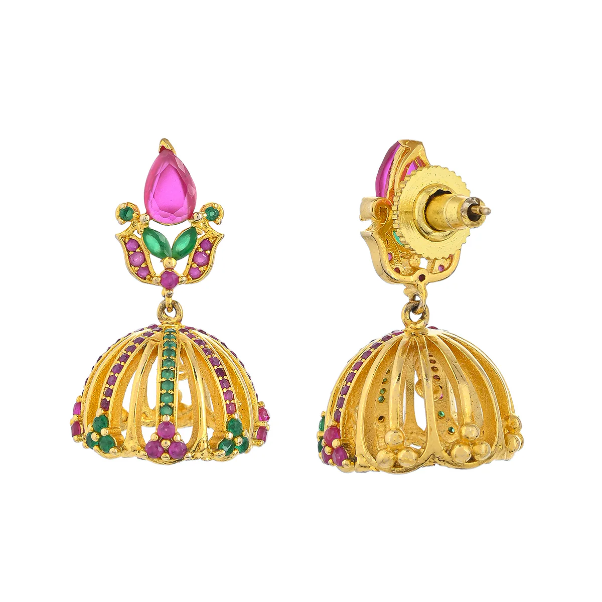 CZ Traditional Gold Plated Red & Green Jhumka Earrings - Image 5