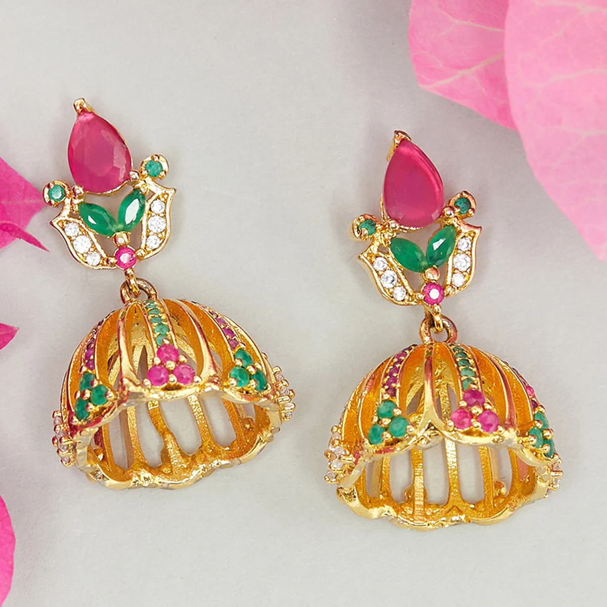 American Diamond CZ Traditional Gold Plated Red & Green Brass Jhumka Earrings for Women