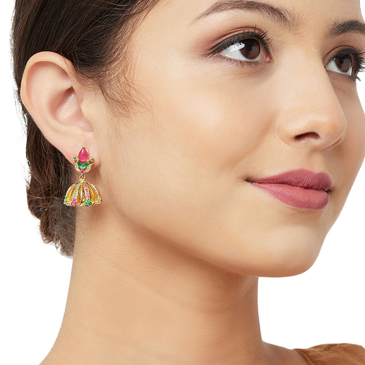 American Diamond CZ Traditional Gold Plated Red & Green Brass Jhumka Earrings for Women - Image 2