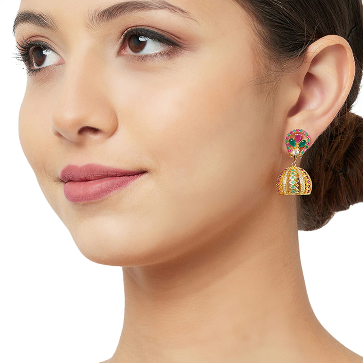 American Diamond CZ Traditional Gold Plated Red & Green Brass Jhumka Earrings for Women - Image 2