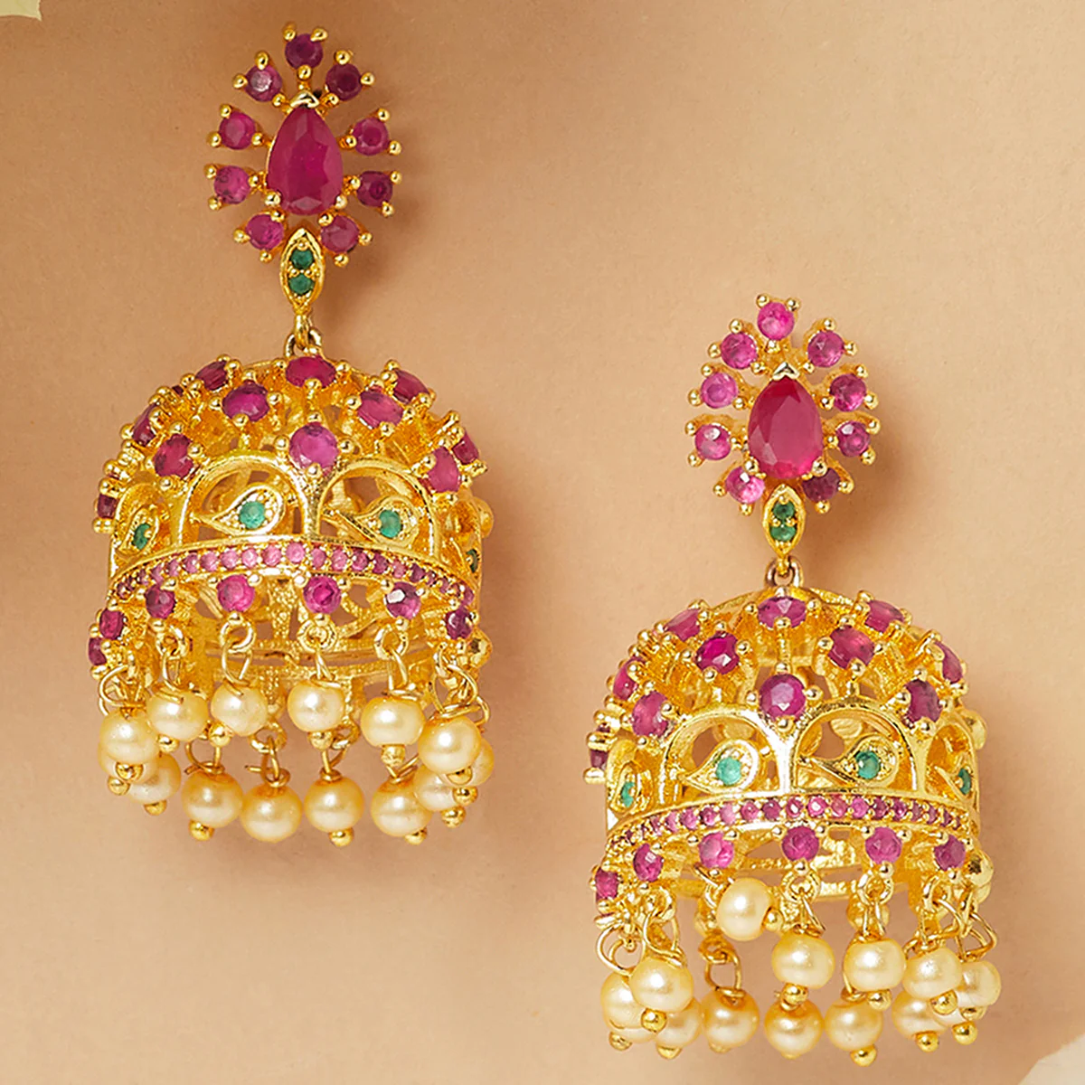 American Diamond CZ Traditional Gold Plated Red & Green Brass Jhumka Earrings for Women