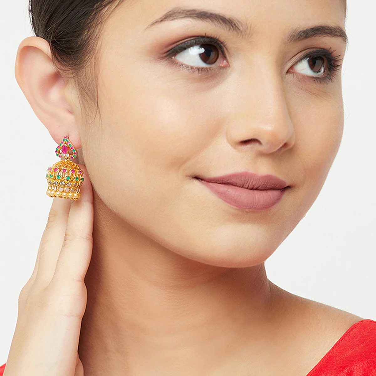 American Diamond CZ Traditional Gold Plated Red & Green Brass Jhumka Earrings for Women - Image 2