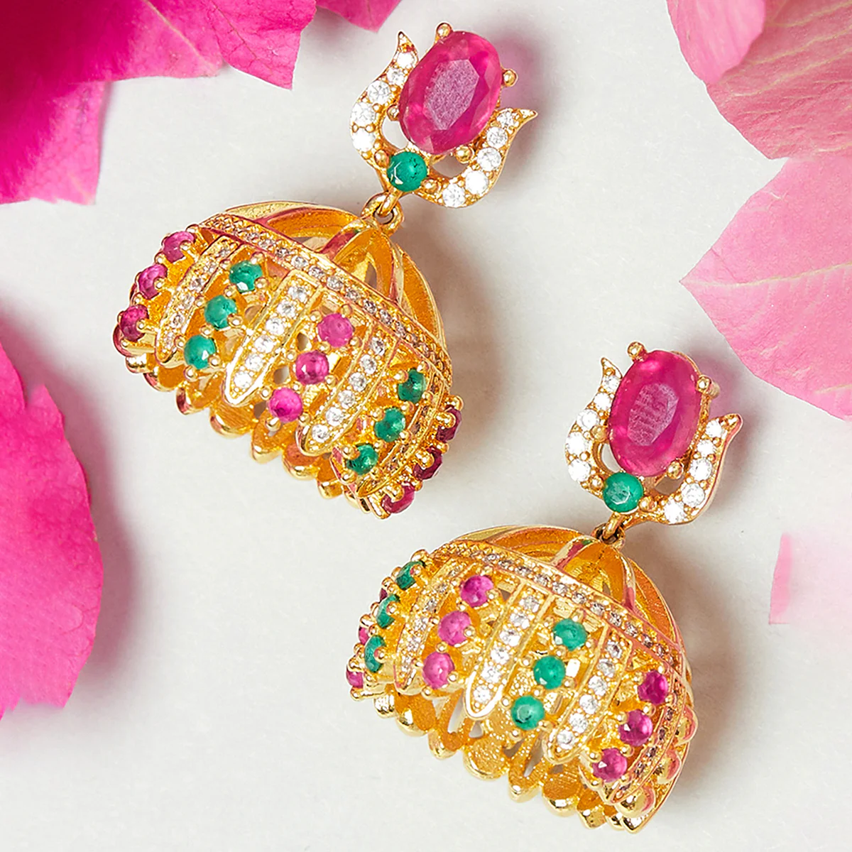 American Diamond CZ Traditional Gold Plated Red & Green Brass Jhumka Earrings for Women
