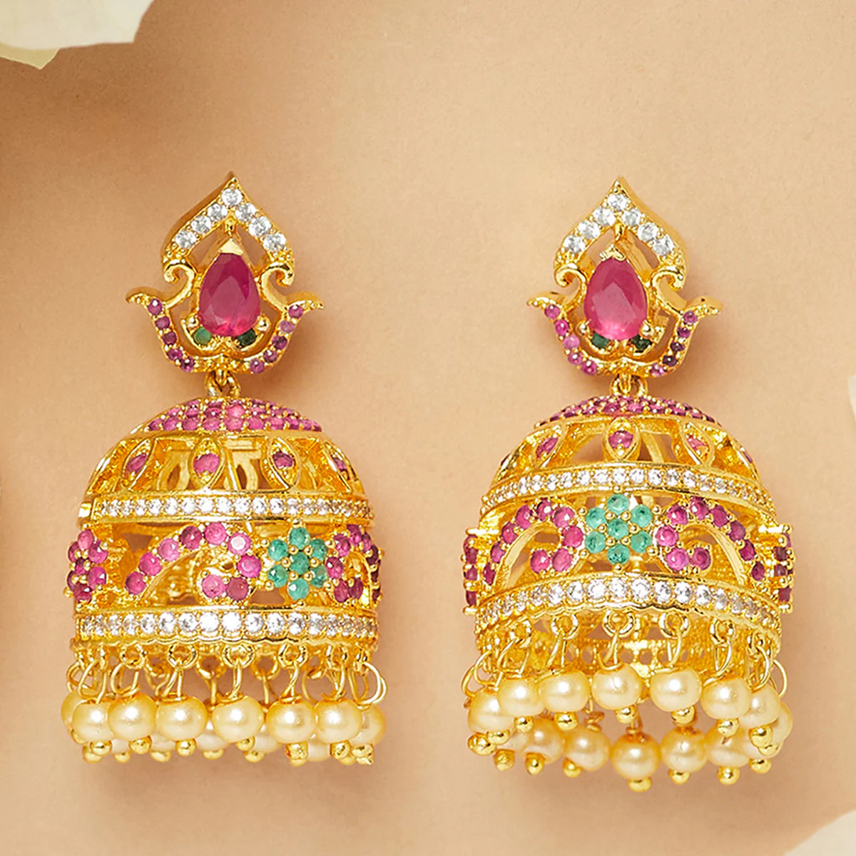 American Diamond CZ Traditional Gold Plated Red & Green Brass Jhumka Earrings for Women