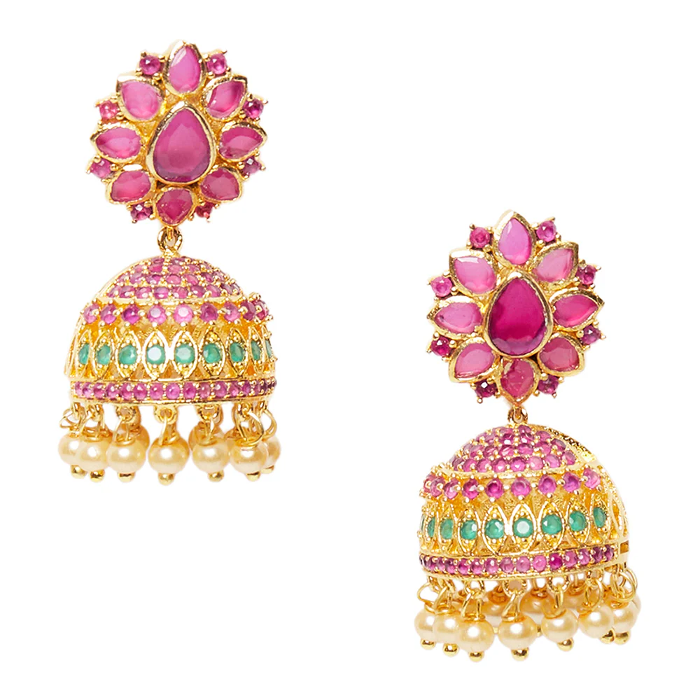American Diamond CZ Traditional Gold Plated Red & Green Brass Jhumka Earrings for Women - Image 3