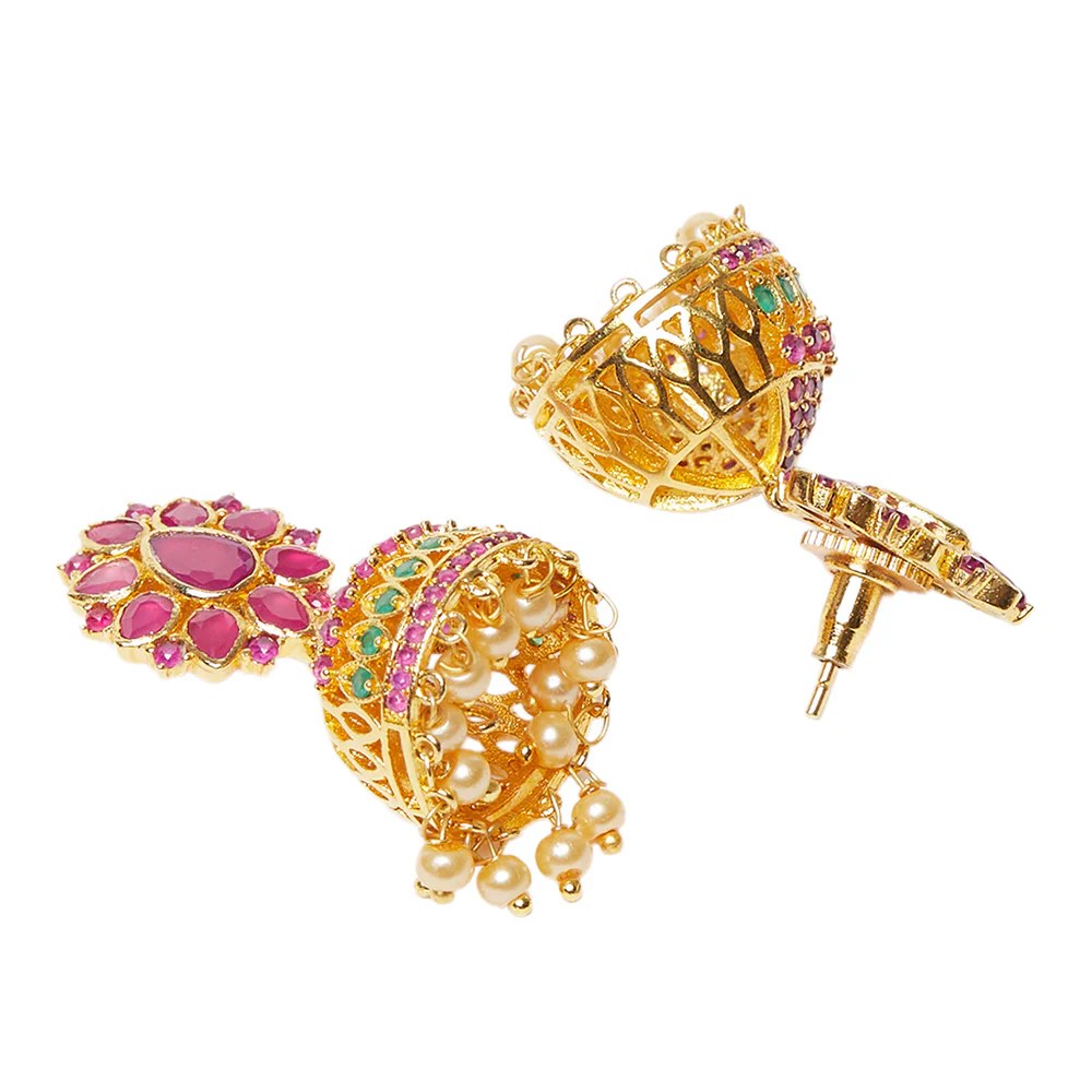 American Diamond CZ Traditional Gold Plated Red & Green Brass Jhumka Earrings for Women - Image 4
