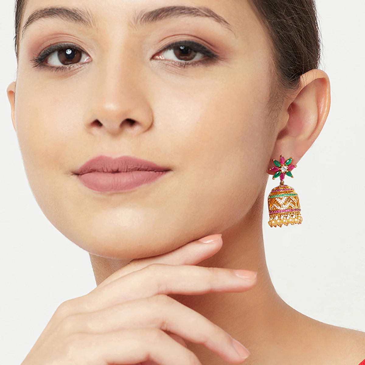American Diamond CZ Traditional Gold Plated Red & Green Brass Jhumka Earrings for Women - Image 2