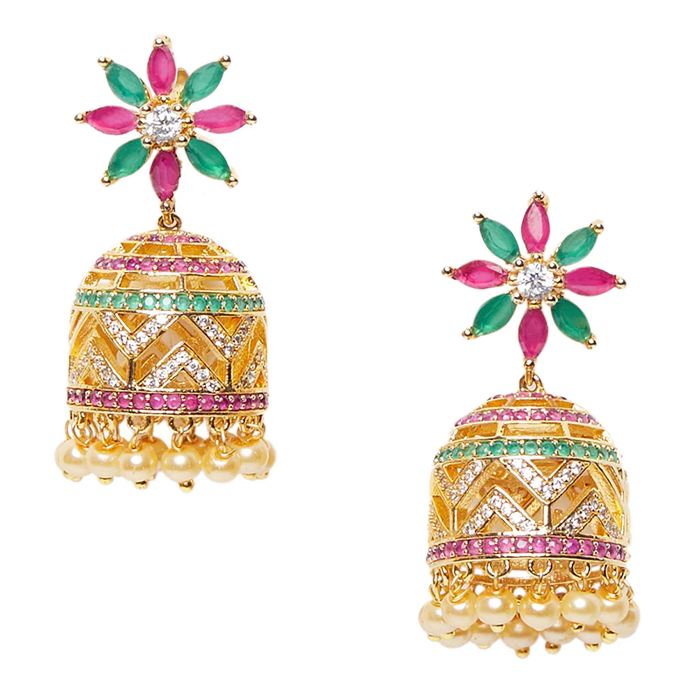 American Diamond CZ Traditional Gold Plated Red & Green Brass Jhumka Earrings for Women - Image 3