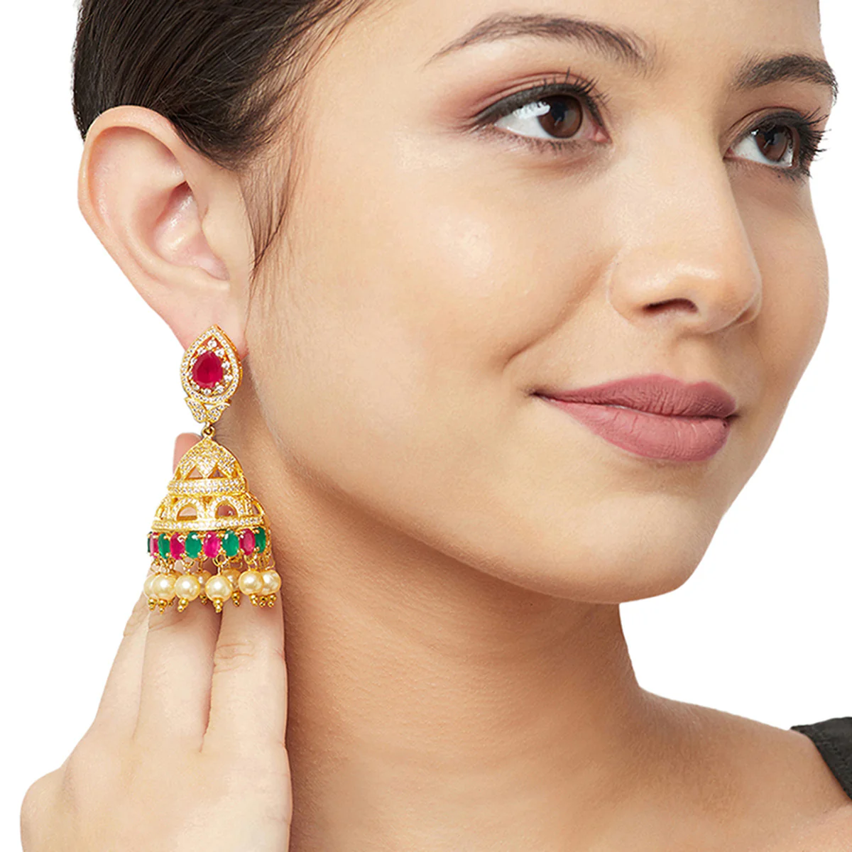 CZ Traditional Gold Plated Red & Green Jhumka Earrings - Image 2