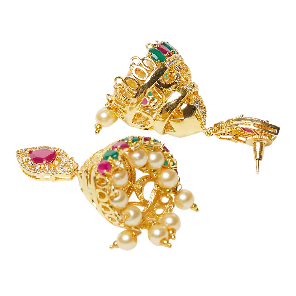 CZ Traditional Gold Plated Red & Green Jhumka Earrings - Image 4