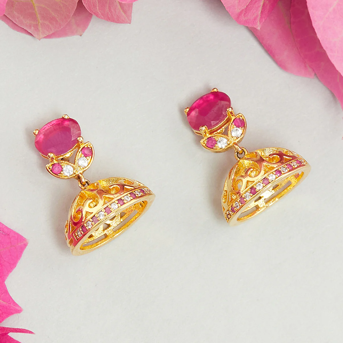 American Diamond CZ Traditional Gold Plated Red & White Brass Jhumka Earrings for Women