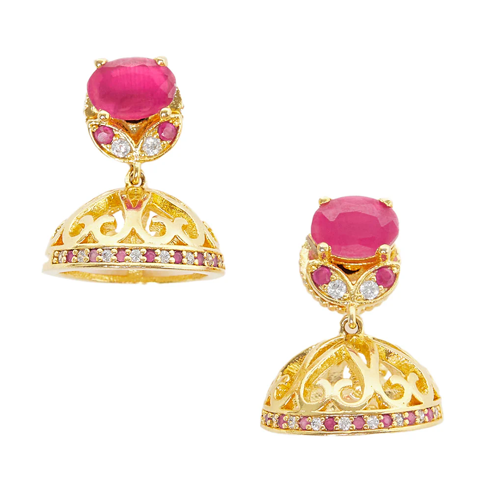 American Diamond CZ Traditional Gold Plated Red & White Brass Jhumka Earrings for Women - Image 3