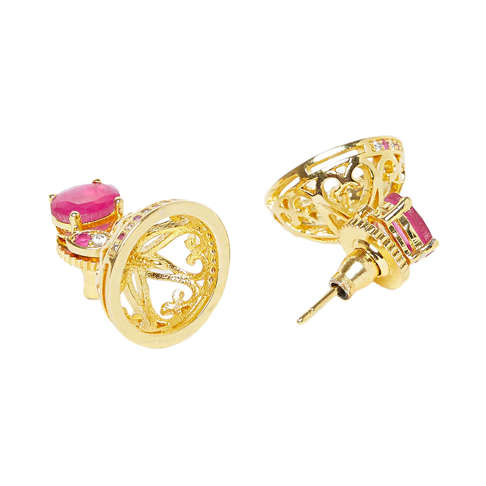 American Diamond CZ Traditional Gold Plated Red & White Brass Jhumka Earrings for Women - Image 4