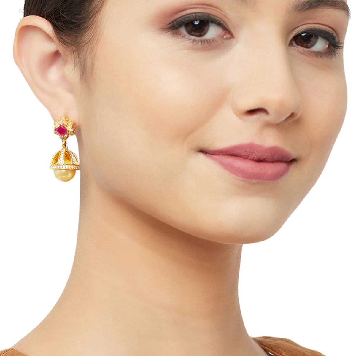 CZ Traditional Gold Plated Red & White Jhumka Earrings - Image 2