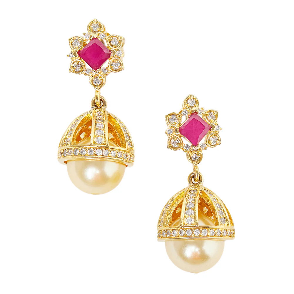 CZ Traditional Gold Plated Red & White Jhumka Earrings - Image 3