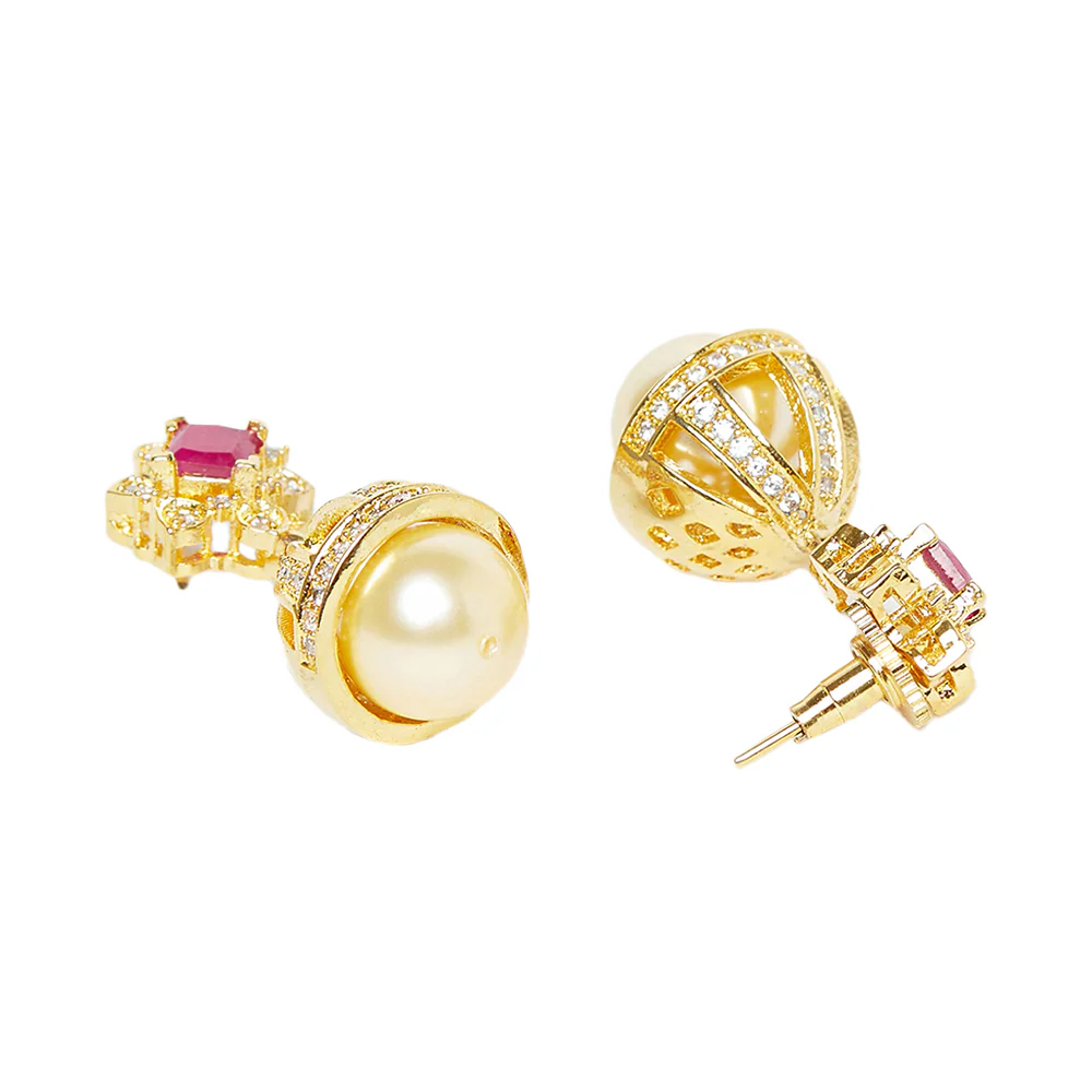 CZ Traditional Gold Plated Red & White Jhumka Earrings - Image 4