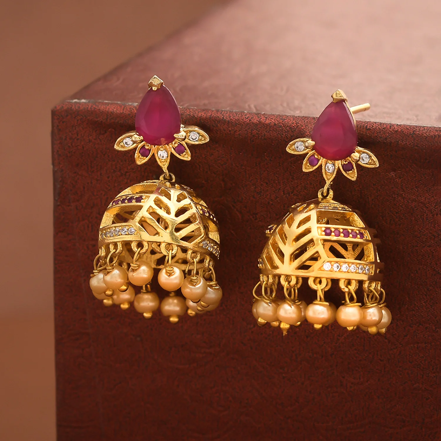 CZ Traditional Gold Plated Red & White Jhumka Earrings