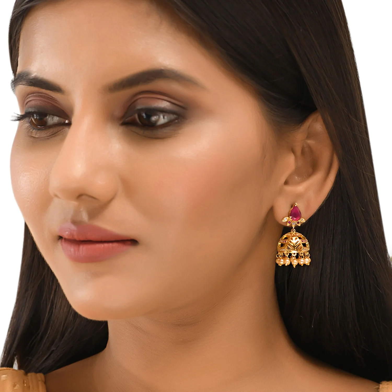 CZ Traditional Gold Plated Red & White Jhumka Earrings - Image 2