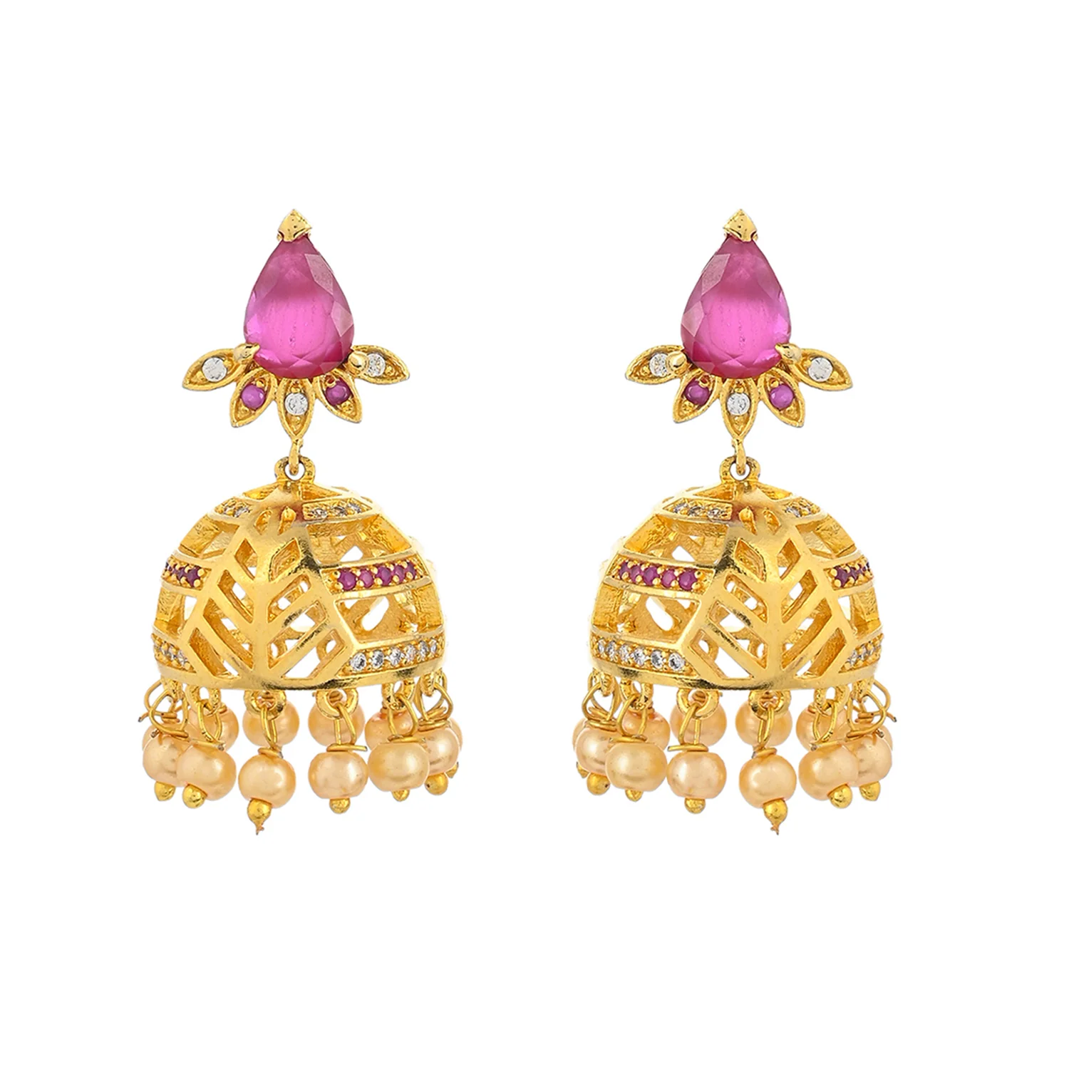 CZ Traditional Gold Plated Red & White Jhumka Earrings - Image 3