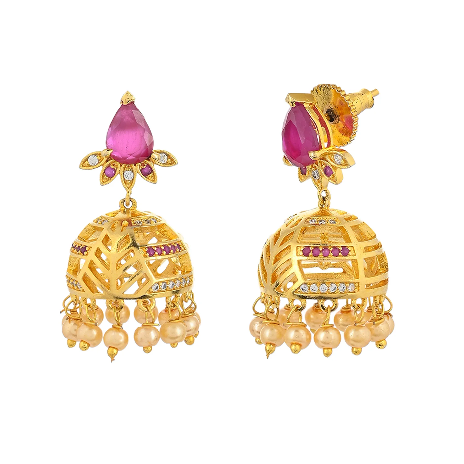 CZ Traditional Gold Plated Red & White Jhumka Earrings - Image 4