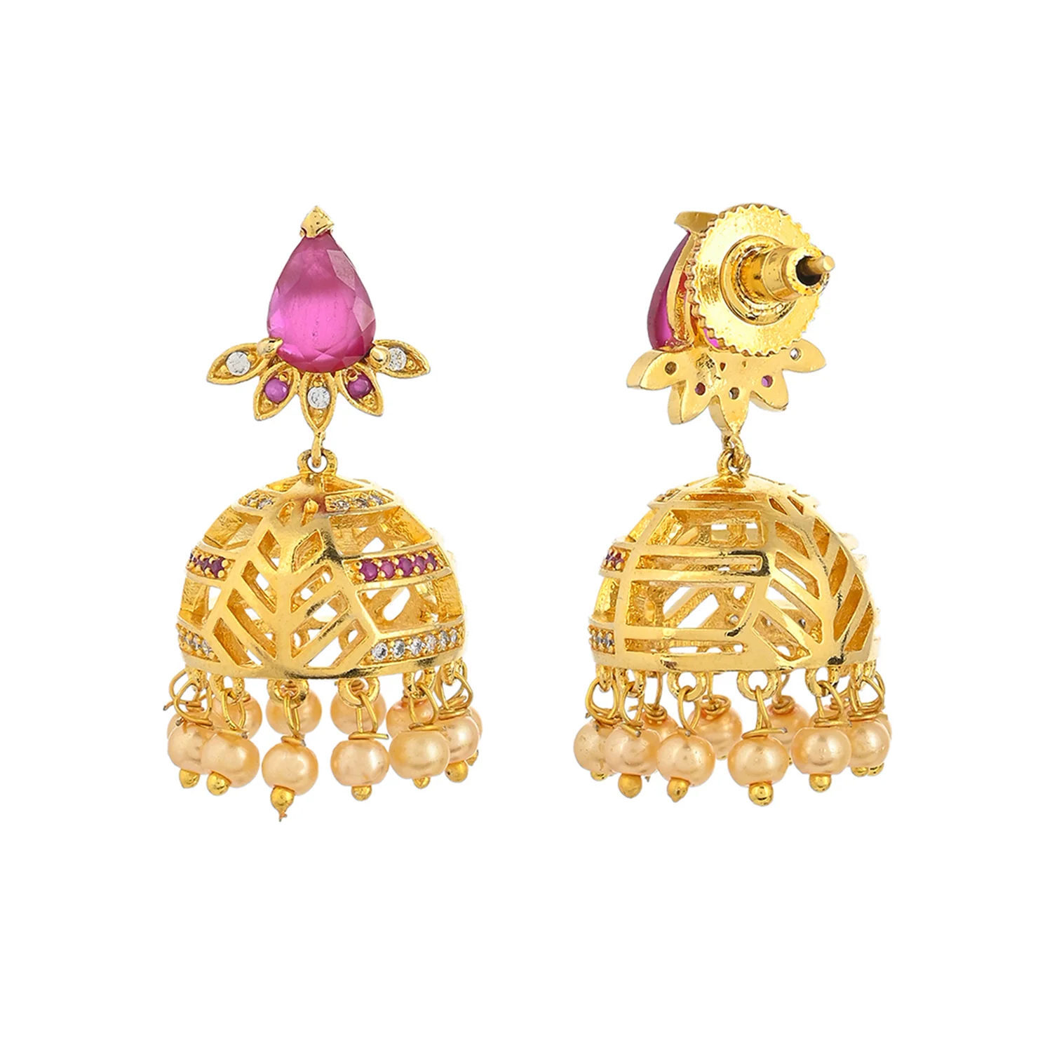 CZ Traditional Gold Plated Red & White Jhumka Earrings - Image 5