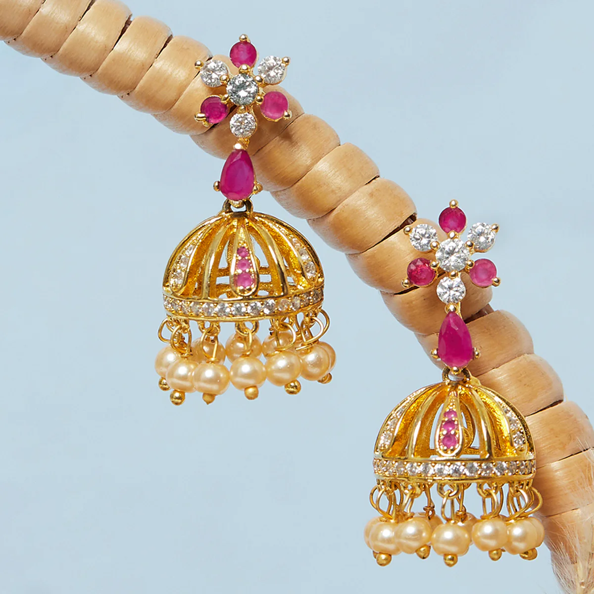 American Diamond CZ Traditional Gold Plated Red & White Brass Jhumka Earrings for Women