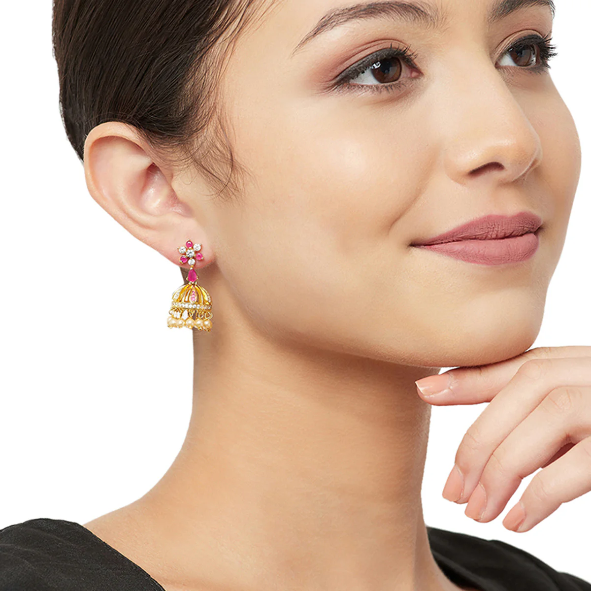 American Diamond CZ Traditional Gold Plated Red & White Brass Jhumka Earrings for Women - Image 2