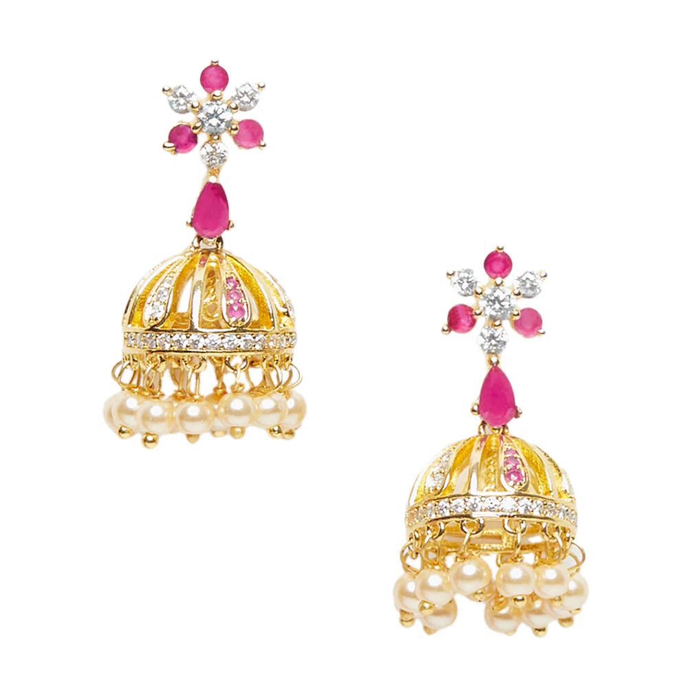 American Diamond CZ Traditional Gold Plated Red & White Brass Jhumka Earrings for Women - Image 3