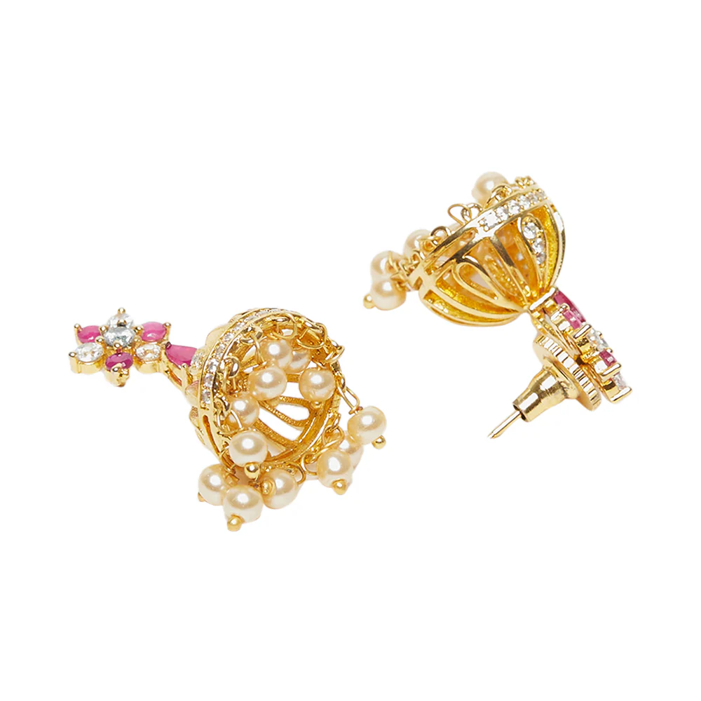American Diamond CZ Traditional Gold Plated Red & White Brass Jhumka Earrings for Women - Image 4