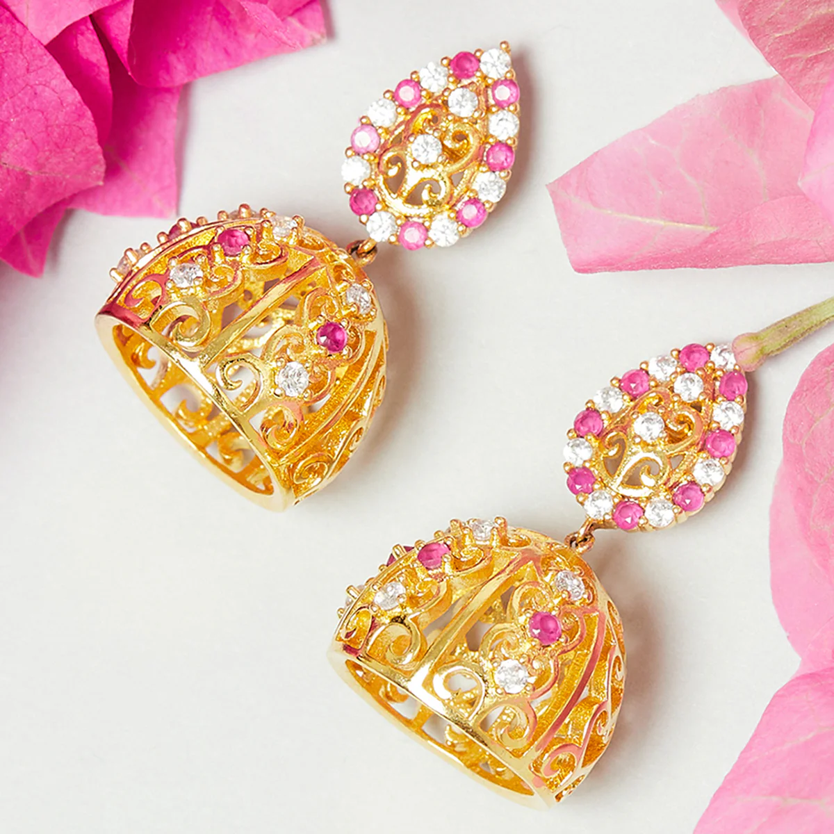 American Diamond CZ Traditional Gold Plated Red & White Brass Jhumka Earrings for Women