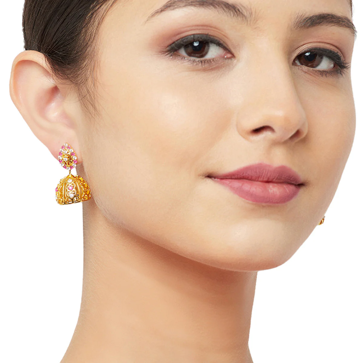 American Diamond CZ Traditional Gold Plated Red & White Brass Jhumka Earrings for Women - Image 2