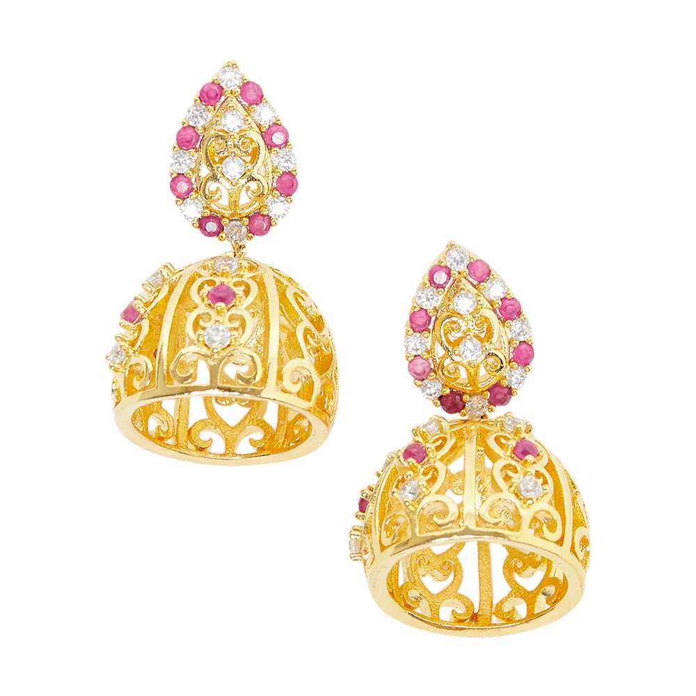 American Diamond CZ Traditional Gold Plated Red & White Brass Jhumka Earrings for Women - Image 3