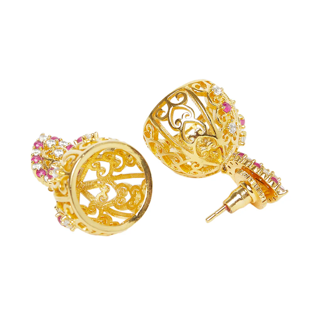 American Diamond CZ Traditional Gold Plated Red & White Brass Jhumka Earrings for Women - Image 4