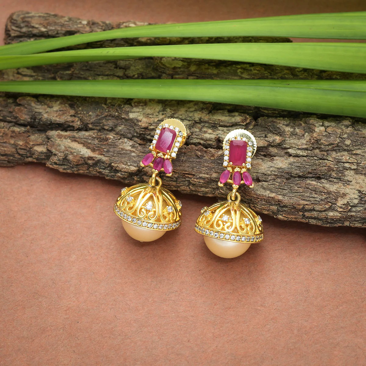 CZ Traditional Gold Plated Red & White Jhumka Earrings