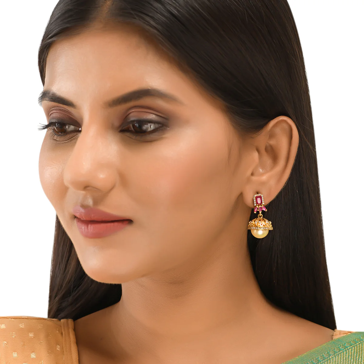 CZ Traditional Gold Plated Red & White Jhumka Earrings - Image 2