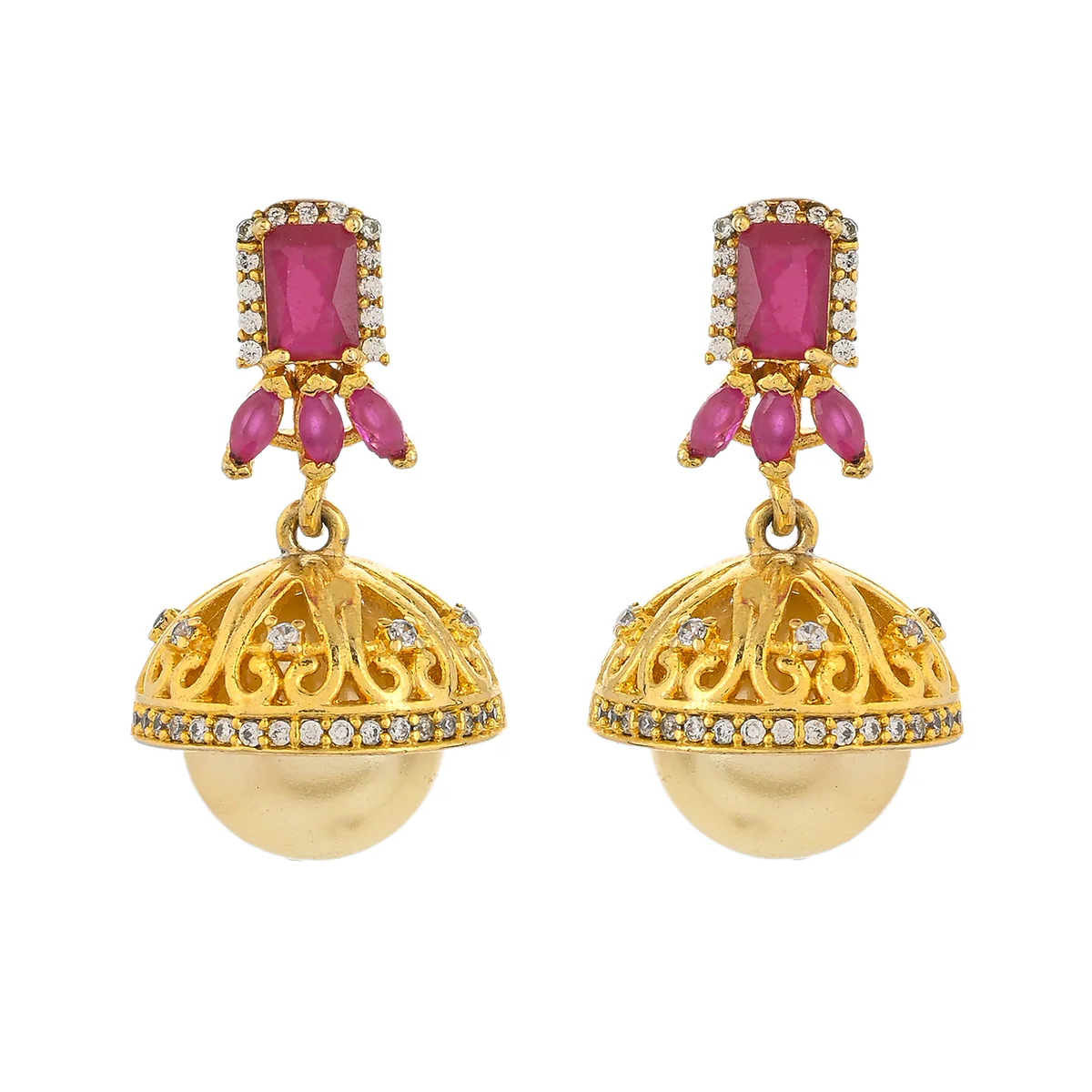 CZ Traditional Gold Plated Red & White Jhumka Earrings - Image 3